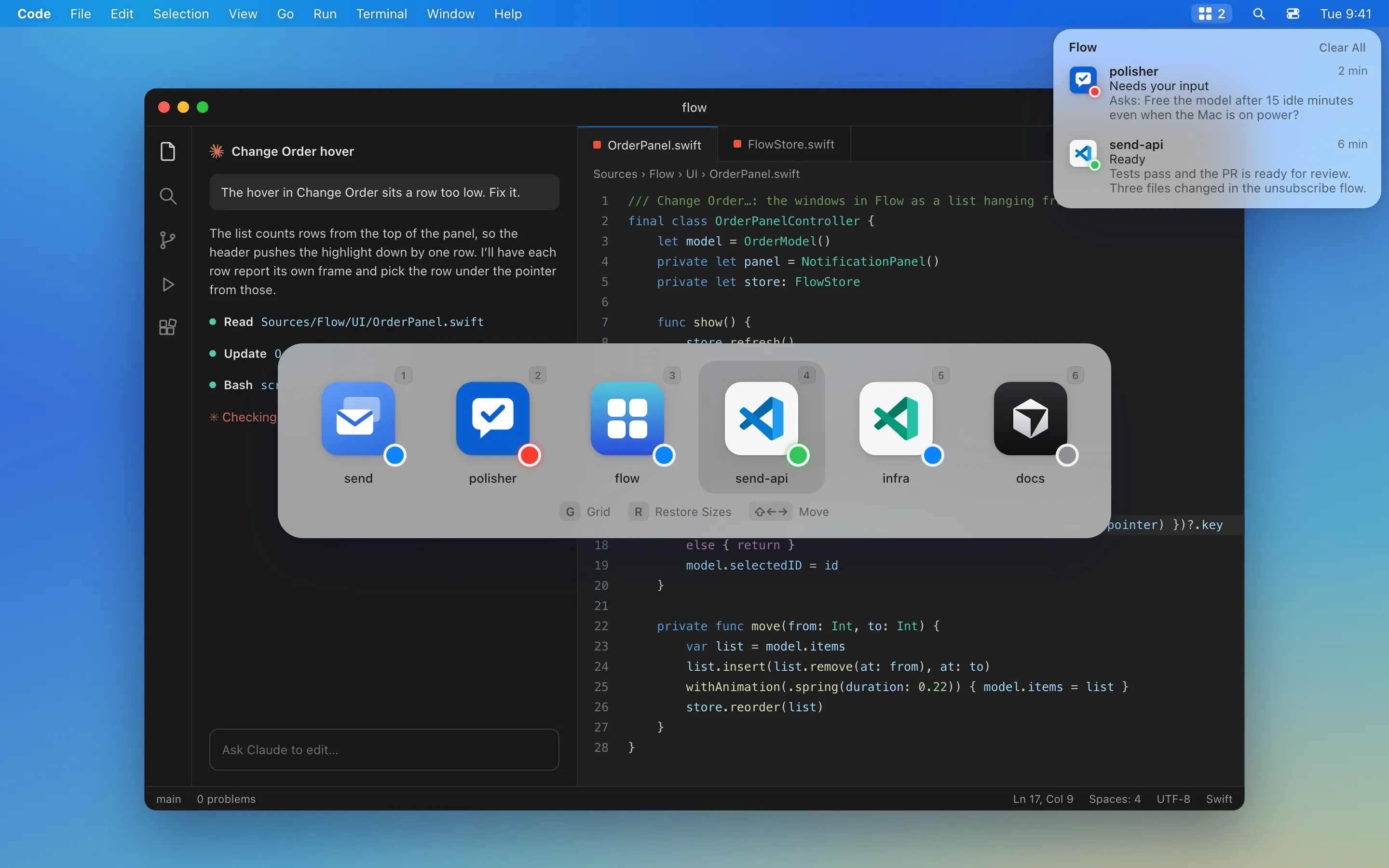 Flow’s ⌥Tab switcher over VS Code: one icon per project, each with a dot saying whether its agent is working, done or waiting, and Flow’s notifications under the menu bar.