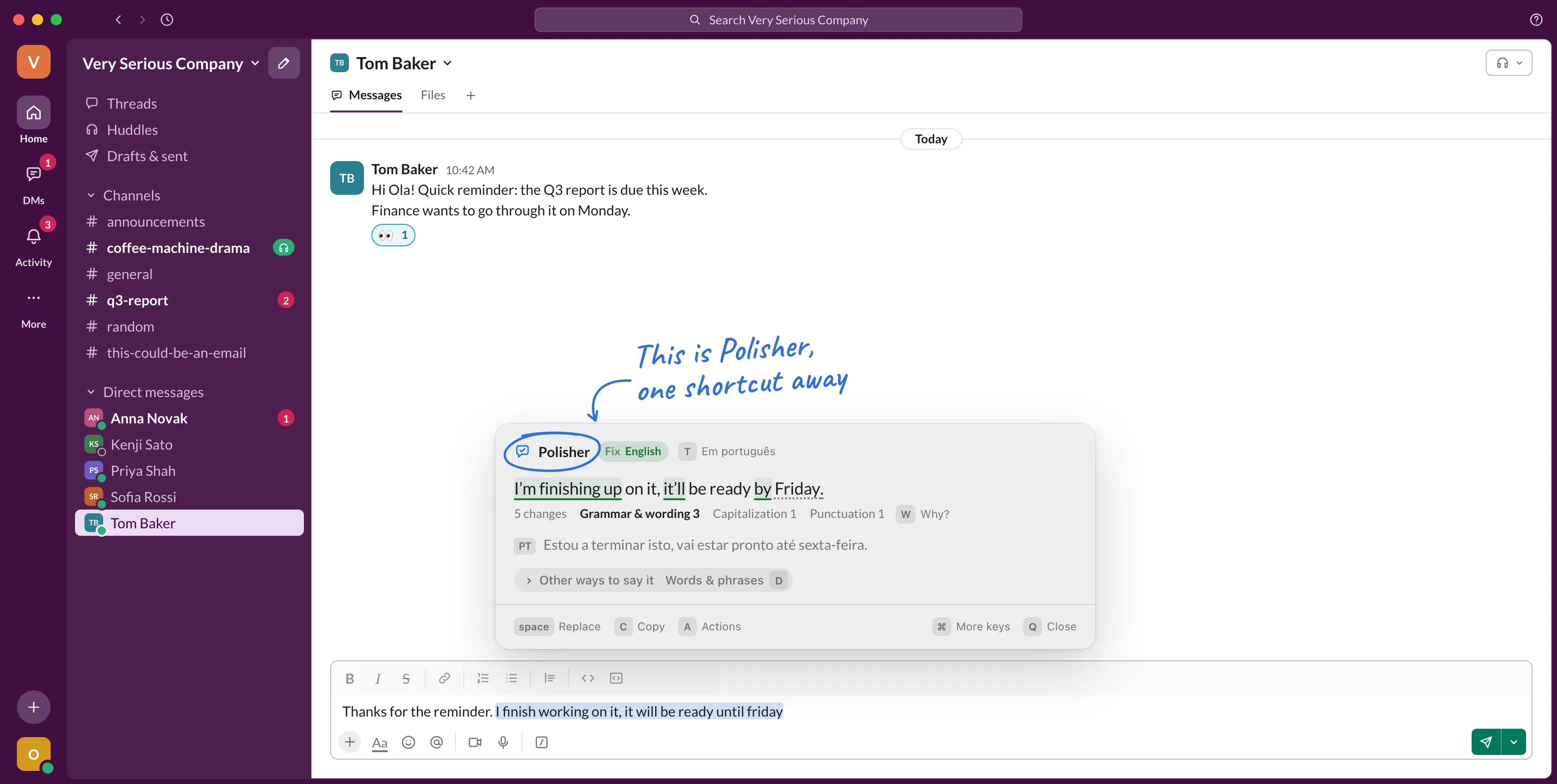 Polisher in Slack on a Mac: a reply to Tom with one sentence selected, and Polisher’s card above it with the corrected sentence, its changes underlined, and a Portuguese translation.